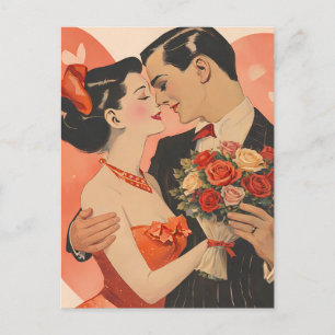 Vintage Valentinstag-Paar mit Rosen – Retro  Postkarte