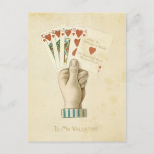 Vintage Valentinstag-Pokerhand Rote Herzen Liebe Feiertagspostkarte