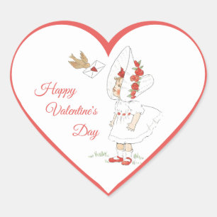 Vintage Valentinstag Rotes Herz Süßes Mädchen und Herz-Aufkleber