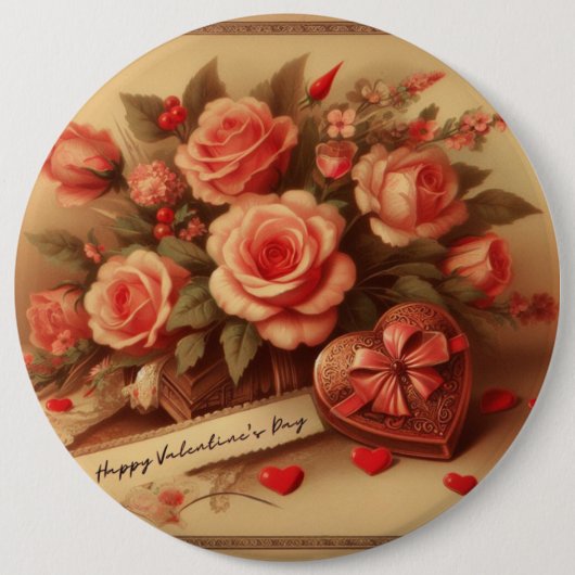 Vintage Valentinstag Schokolade und Blume Button (Vorderseite)