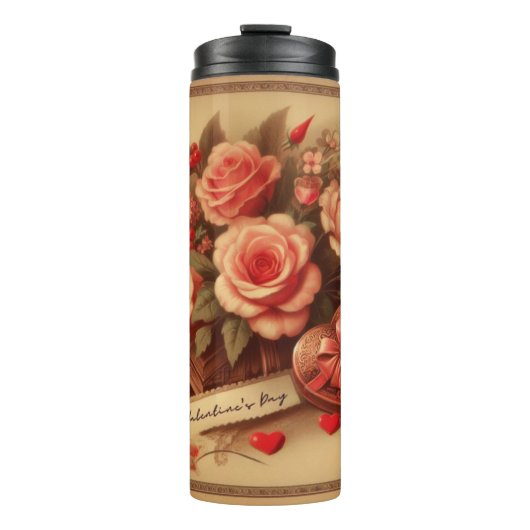 Vintage Valentinstag Schokolade und Blume Thermosbecher (Vorderseite)