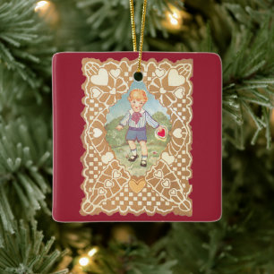 Vintage Valentinstag, süßer Junge auf der Wiese Keramikornament