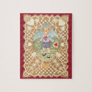 Vintage Valentinstag, süßer Junge auf der Wiese Puzzle