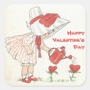 Vintage Valentinstag Süßes Mädchen bewässert rote Quadratischer Aufkleber
