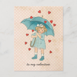 Vintage Valentinstag Süßes Mädchen Regnende Herzen Feiertagspostkarte