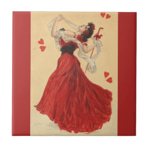 Vintage Valentinstag, tanzende Dame rote Herzen Fliese