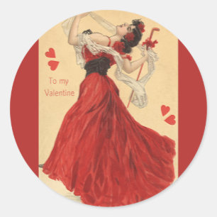 Vintage Valentinstag, tanzende Dame rote Herzen Runder Aufkleber