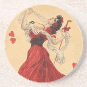 Vintage Valentinstag, tanzende Dame rote Herzen Sandstein Untersetzer