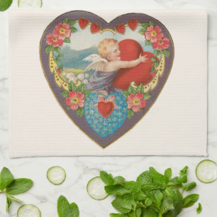 Vintage Valentinstag, viktorianische Cherub-Herzen Geschirrtuch