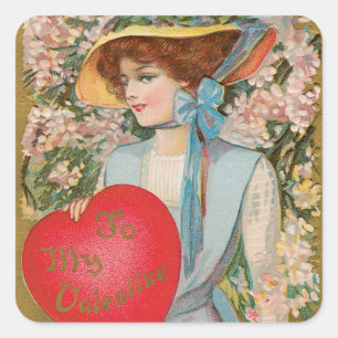 Vintage Valentinstag, viktorianische Dame mit Herz Quadratischer Aufkleber