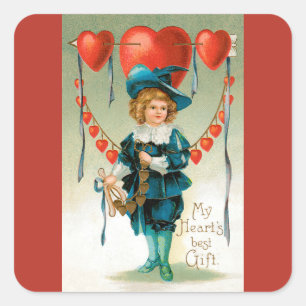 Vintage Valentinstag, viktorianischer Junge mit He Quadratischer Aufkleber