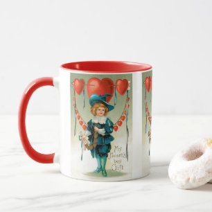 Vintage Valentinstag, viktorianischer Junge mit He Tasse
