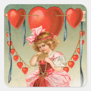 Vintage Valentinstag, viktorianisches Mädchen mit  Quadratischer Aufkleber