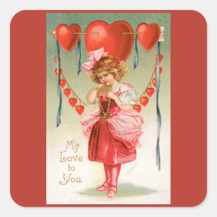Vintage Valentinstag, viktorianisches Mädchen mit  Quadratischer Aufkleber