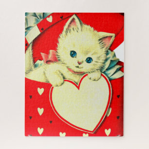 Vintage Valentinstag-Weißes Kätzchen in roter Herz Puzzle