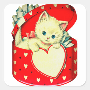 Vintage Valentinstag-Weißes Kätzchen in roter Herz Quadratischer Aufkleber