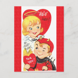 Vintage Valentinstagskarte mit Teufel und Engel au Postkarte