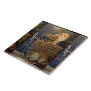Vintage Van den Eycken Drei Katzen auf einem Schre Fliese