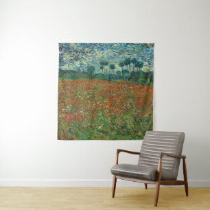 Vintage Van Gogh Blumenfeld mit Mohnblumen Wandteppich