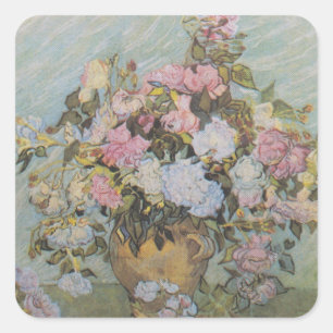Vintage Van Gogh-Vase mit rosa Rosen Quadratischer Aufkleber
