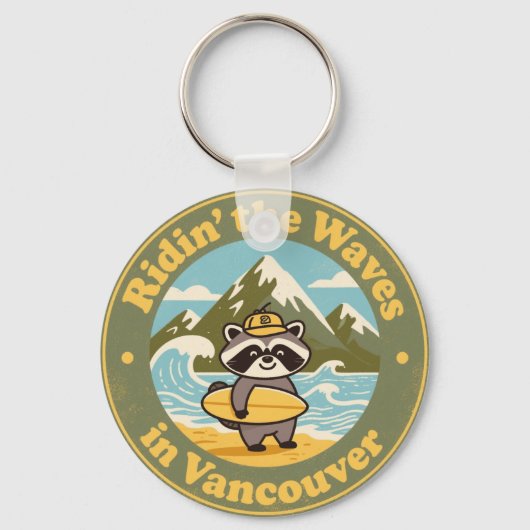 Vintage Vancouver Raccoon Surfer Schlüsselanhänger (Vorderseite)