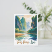 Vintage Vang Vieng Laos Travel Art Postkarte (Stehend Vorderseite)