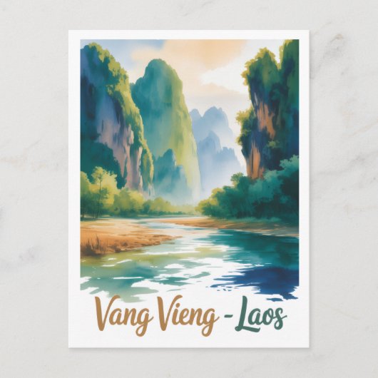 Vintage Vang Vieng Laos Travel Art Postkarte (Vorderseite)