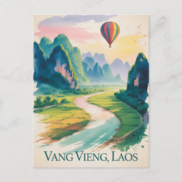  Vintage Vang Vieng Laos Travel watercolor Postkarte