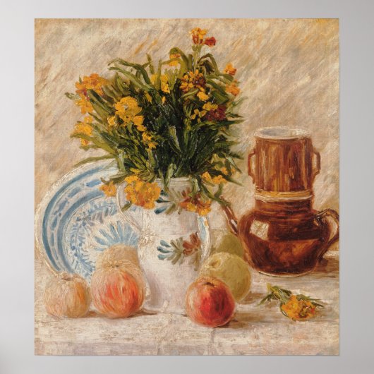 Vintage Vase mit Blume Kaffee und Obst Poster (Vorne)