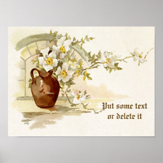 Vintage Vase mit weißer Rose; Aquarelldruck Poster