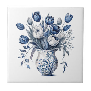 Vintage Vasenblume Blau Chinoiserie  Fliese