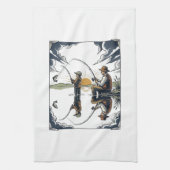 Vintage Vater und Kind Angelschnitzerei-Shirt D Geschirrtuch (Vertikal)