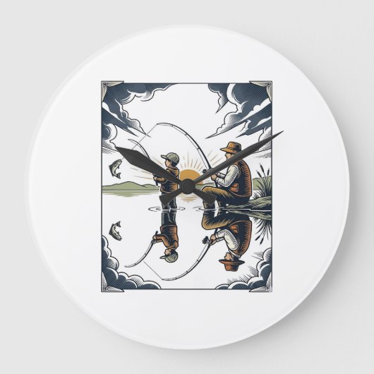 Vintage Vater und Kind Angelschnitzerei-Shirt D Große Wanduhr (Vorderseite)