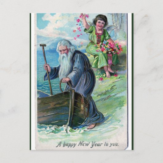 Vintage Vaterzeit und Cherub Happy New Year Postkarte (Vorderseite)