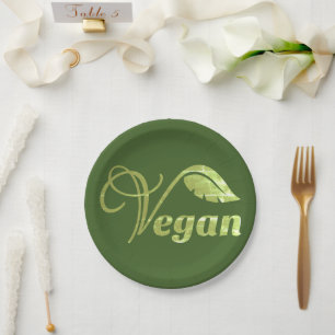 Vintage-Vegan-Logo Grünes Blatt  Pappteller