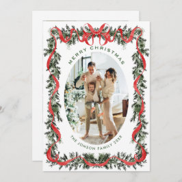 Vintage Velvet Green Stripped Red Bow 2 Photo Feiertagskarte