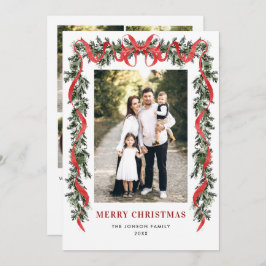 Vintage Velvet Green Stripped Red Bow 5 Photo Feiertagskarte