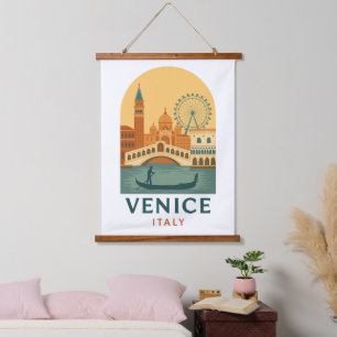 Vintage Venedig Italien Hängender Teppich – Retro Wandteppich Mit Holzrahmen