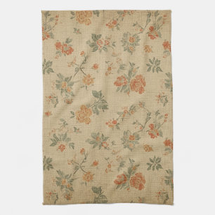 Vintage verbranntes Orange und Salbei Grün floral Geschirrtuch