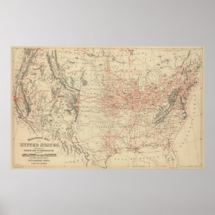 Vintage Vereinigte Staaten Railroad Karte (1886) Poster