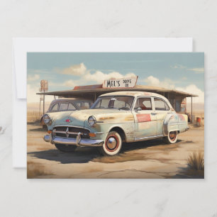 Vintage verlassenes Autokino-Restaurant Feiertagskarte