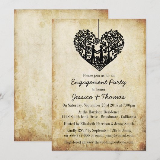 Vintage Verlobung-Dusche für Herzklopfen Einladung (Vorne/Hinten)