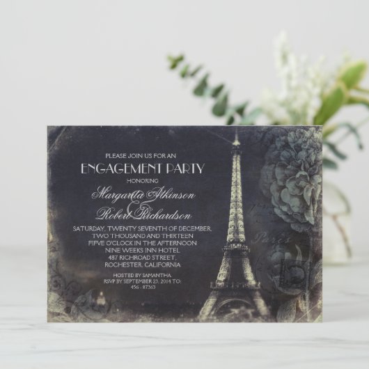 Vintage Verlobungsparty im Pariser Eiffelturm Einladung (Stehend Vorderseite)