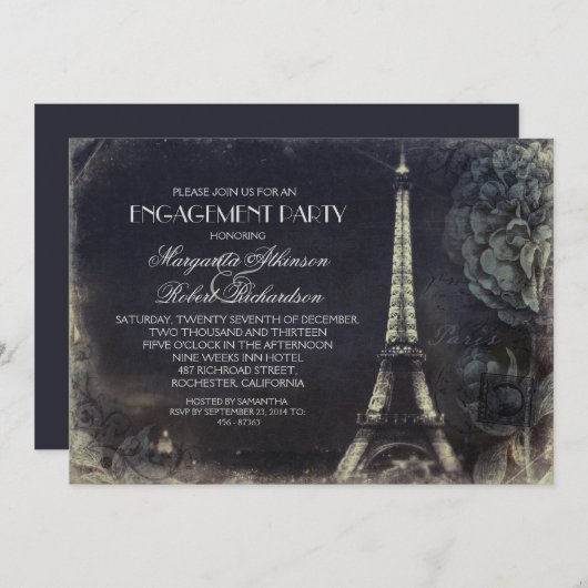 Vintage Verlobungsparty im Pariser Eiffelturm Einladung (Vorne/Hinten)