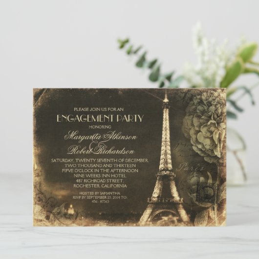 Vintage Verlobungsparty im Pariser Eiffelturm Einladung (Stehend Vorderseite)