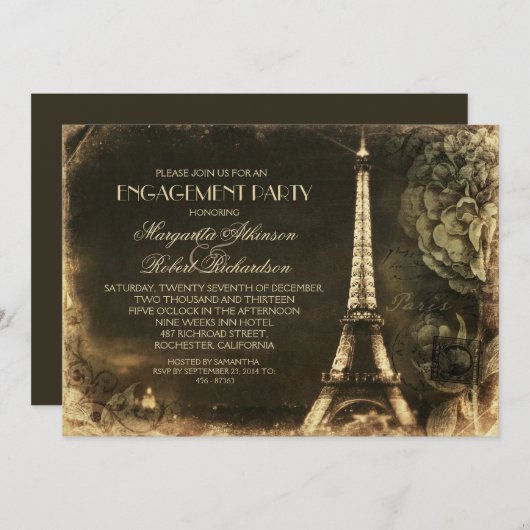 Vintage Verlobungsparty im Pariser Eiffelturm Einladung (Vorne/Hinten)