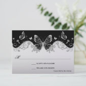 Vintage Verzierte Black Silver Butterfly Wirbel UA RSVP Karte (Stehend Vorderseite)