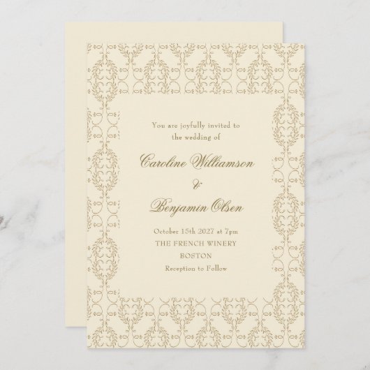 Vintage Verzierte Damask Elfenbeinküste Eleganter Einladung (Vorne/Hinten)