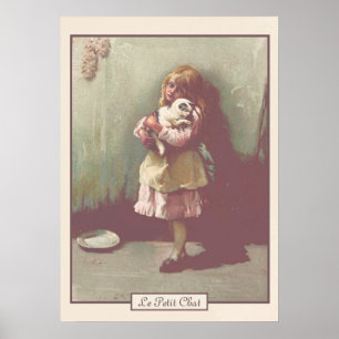 Vintage Victorian Art Pretty Girl with Kitten Poster