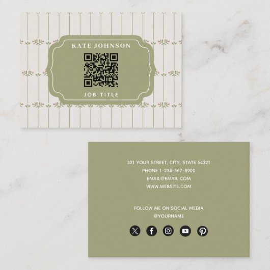 Vintage Victorian Botanical Stripes QR Code Visitenkarte (Vorne/Hinten)